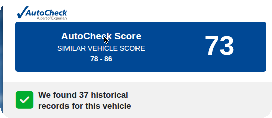 AutoCheck free score 73 for VIN 4JGDF6EE8HA846238, captured October 10, 2026